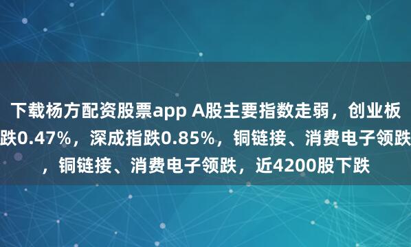 下载杨方配资股票app A股主要指数走弱，创业板指跌逾1%，沪指跌0.47%，深成指跌0.85%，铜链接、消费电子领跌，近4200股下跌